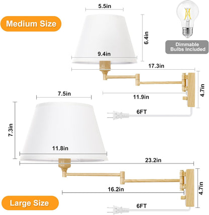 TRLIFE Wall Sconce Plug in, Dimmable Wall Sconces Set of Two Swing Arm Wall Lights with Plug in Cord and On/Off Dimmer Rotary Switch, 9.4" Medium Beige Fabric Shade(2 Pack, 2 Bulbs)