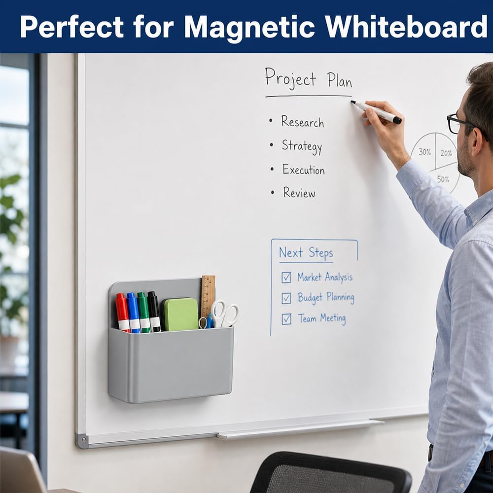 Magnetic Pencil Pen Holder, 2 PCS Magnetic Dry Erase Marker Holder for Whiteboard, Black White Magnet Storage Pencil Cup Case Fridge Organizers Locker Accessories for Office School Teacher Must Haves
