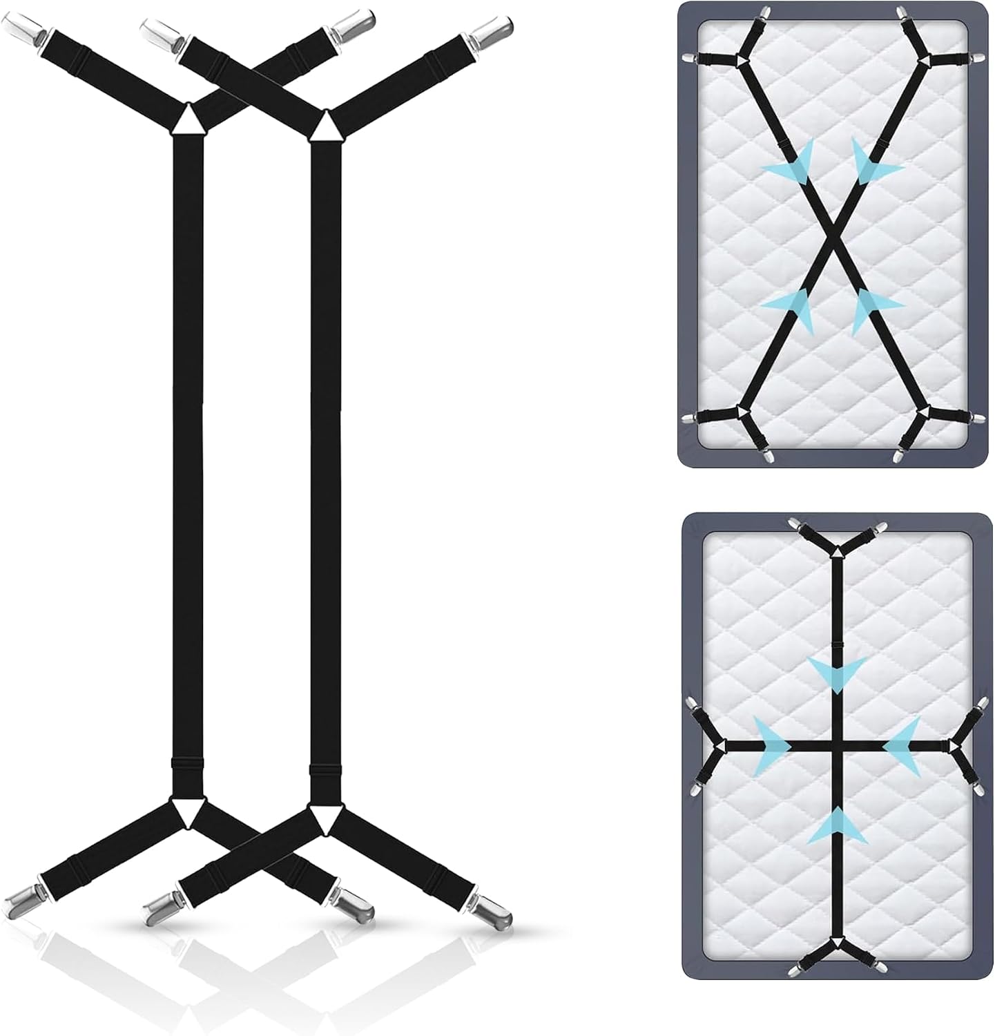 Bed Sheet Holder Straps, Adjustable Elastic, 2pcs Set, Black | Nickel Clamps, Fabric Protectors, Crisscross Design Keeps Sheets Tight, Fits All Mattress Sizes