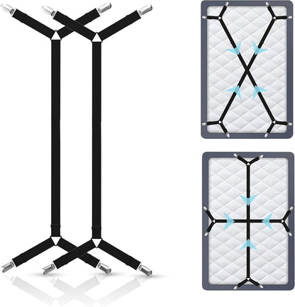 Bed Sheet Holder Straps, Adjustable Elastic, 2pcs Set, Black | Nickel Clamps, Fabric Protectors, Crisscross Design Keeps Sheets Tight, Fits All Mattress Sizes