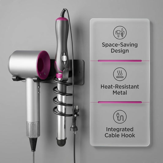 Universal Hair Dryer Holder, Self Adhesive Wall Mount, White | Universal storage rack fits most brand blow dryers, ideal for bathroom organization