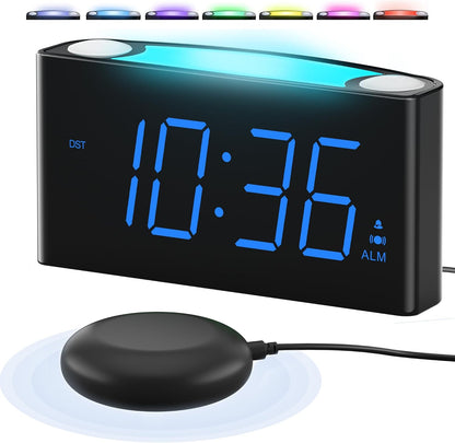 Extra Loud Vibrating Alarm Clock with Bed Shaker for Heavy Sleeper Deaf Hard of Hearing, Large LED Display Digital Clock for Bedroom,Dimmer,Night Light,USB Phone Charger,Battery Backup,Senior Teen Kid