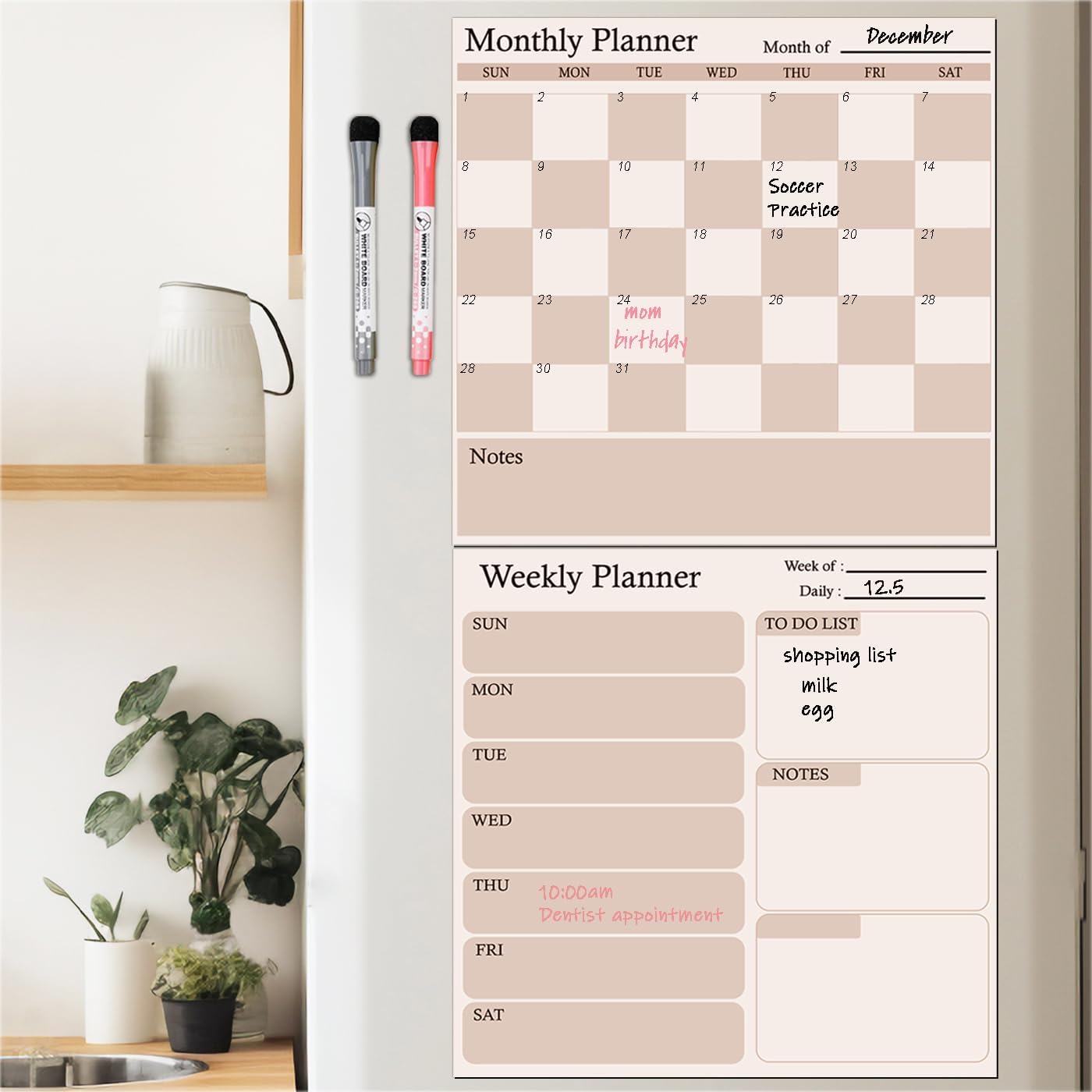 Magnetic Calendar for Refrigerator, 2 Pack Dry Erase Fridge Calendar Whiteboard – Monthly & Weekly Planner Board with Markers and Eraser for Modern Kitchen (Checkerboard Pattern)