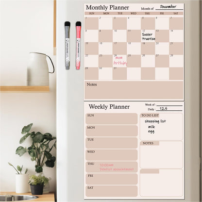Magnetic Calendar for Refrigerator, 2 Pack Dry Erase Fridge Calendar Whiteboard – Monthly & Weekly Planner Board with Markers and Eraser for Modern Kitchen (Checkerboard Pattern)