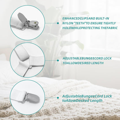 Bed Sheet Retainer Straps,Elasticated Adjustable Mattress Fitted Sheet Clips,Sheet Holder and Mattress Firm and Tight,for Anti-Slip and Anti-Wrinkle Sheets,Suitable of Mattresses,White