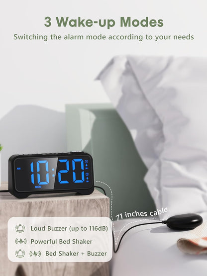 Vibrating Alarm Clock for Heavy Sleepers, 3-Level Bed Shaker, Dual Alarms