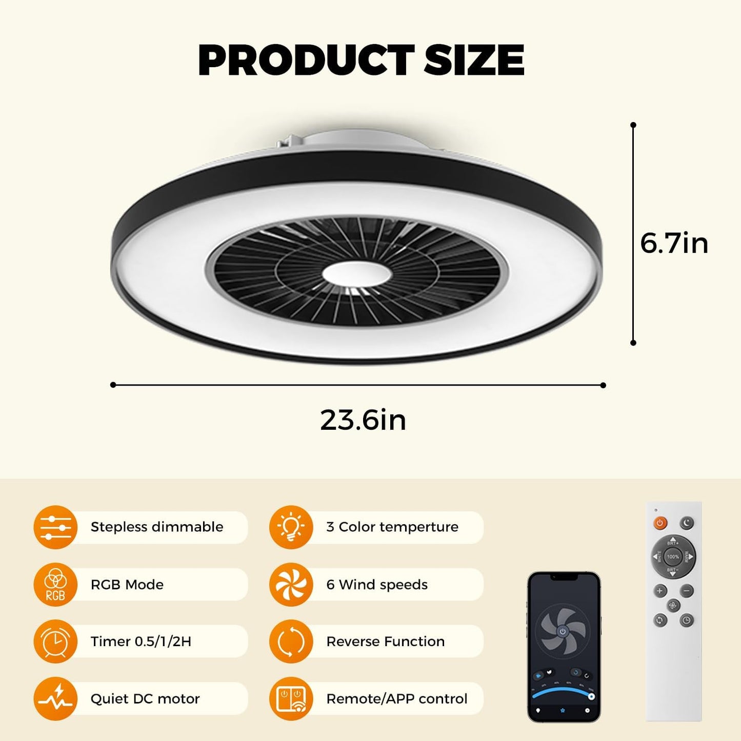 18.9" RGB Flush Mount Ceiling Fan with Light, 6 Speeds 3 Colors | Indoor Ceiling Fan · RGB+3CCT Dimmable · App/Remote Control · Quiet DC · 6-Speed Reversible · Flush Mount 18.9" · Kids Room