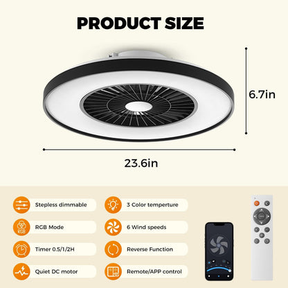 18.9" RGB Flush Mount Ceiling Fan with Light, 6 Speeds 3 Colors | Indoor Ceiling Fan · RGB+3CCT Dimmable · App/Remote Control · Quiet DC · 6-Speed Reversible · Flush Mount 18.9" · Kids Room