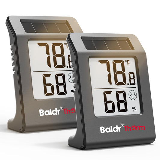 2.2'' Digital Thermometer and Hygrometer Meter, Solar-Powered Indoor Temperature Sensor Humidity Monitor, Humidity Gauge for Baby Rooms, Bedrooms, Home, Office, and Wine Cellars, White, 2Pack