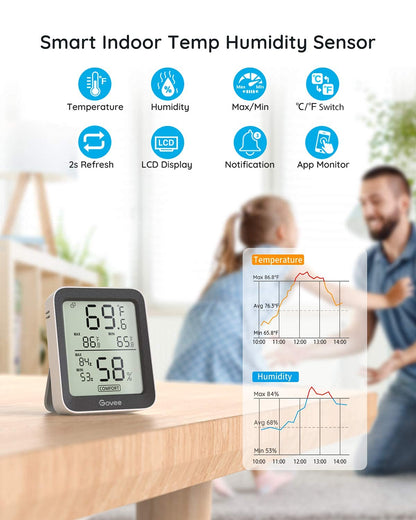 Govee Indoor Hygrometer Thermometer H5075 with Bluetooth App Control | Room Temperature Humidity Meter, 164ft Remote Monitor, Smart Alerts, 2 Years Data Storage Export, for Bedroom Wine Cellar