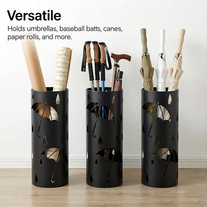 BEWBBAT Metal Umbrella Stand Rack for Entryway, Black Round Free Standing Umbrella Holder Organizer Bin with 3 Hooks for Walk Stick, Home Office Indoor, 17 x 7 Inch