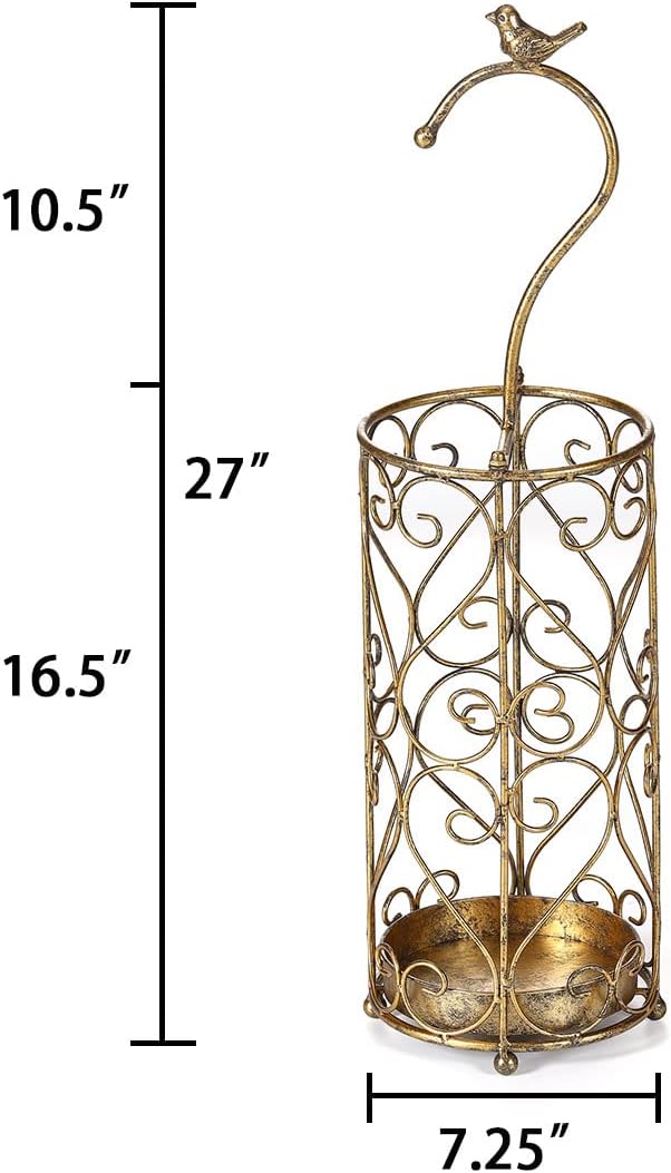 Umbrella Rack Stand,Umbrella Rack for Entryway,Canes Walking Sticks,Cast Iron Bird Handle and Drip Tray (Antique Gold) | Place cat wands or pet toys,Cast Iron Bird Handle And Drip Tray (Antique Gold)