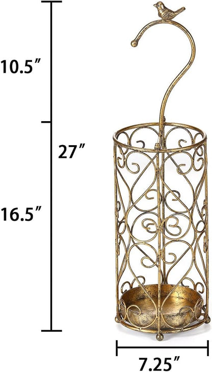 Umbrella Rack Stand,Umbrella Rack for Entryway,Canes Walking Sticks,Cast Iron Bird Handle and Drip Tray (Antique Gold) | Place cat wands or pet toys,Cast Iron Bird Handle And Drip Tray (Antique Gold)