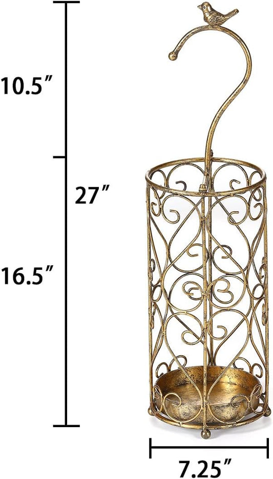 Umbrella Rack Stand,Umbrella Rack for Entryway,Canes Walking Sticks,Cast Iron Bird Handle and Drip Tray (Antique Gold) | Place cat wands or pet toys,Cast Iron Bird Handle And Drip Tray (Antique Gold)