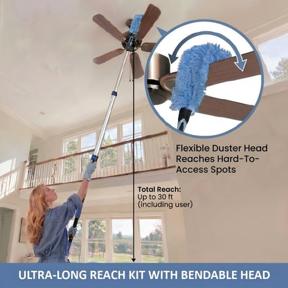 20ft High Ceiling Duster Kits with 5-12ft Heavy Duty Extension Pole - Fan Blade Cleaner, Cobweb Remover & Blue Window Squeegee Kit, Washable Dust Brush for High Roof and Glass Surfaces