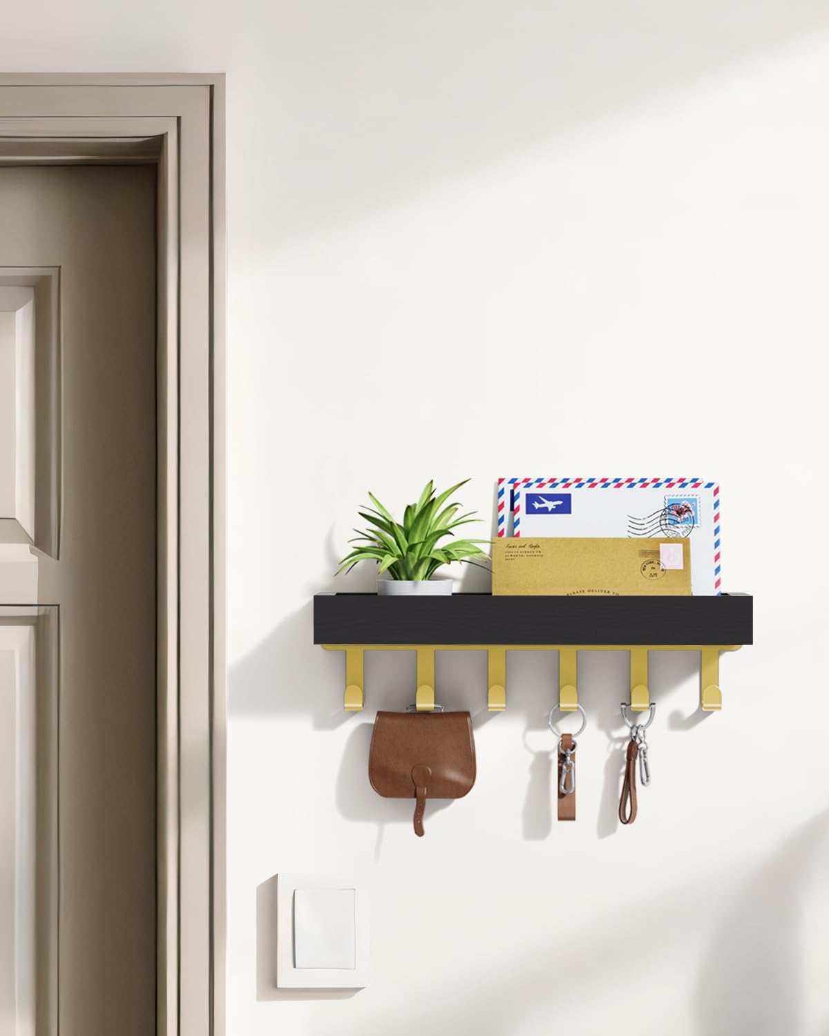 Key Holder Wall Mount Magnetic Adhesive, Key Hooks Rack with Shelf | Key Hanger with Mail Organizer for RV Camper Fridge Living Room Decor, Home Essentials, Black