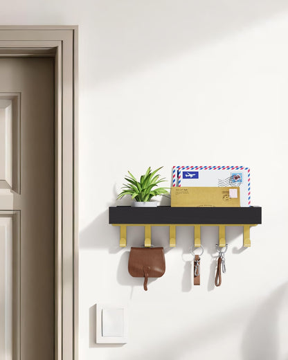 Key Holder Wall Mount Magnetic Adhesive, Key Hooks Rack with Shelf | Key Hanger with Mail Organizer for RV Camper Fridge Living Room Decor, Home Essentials, Black