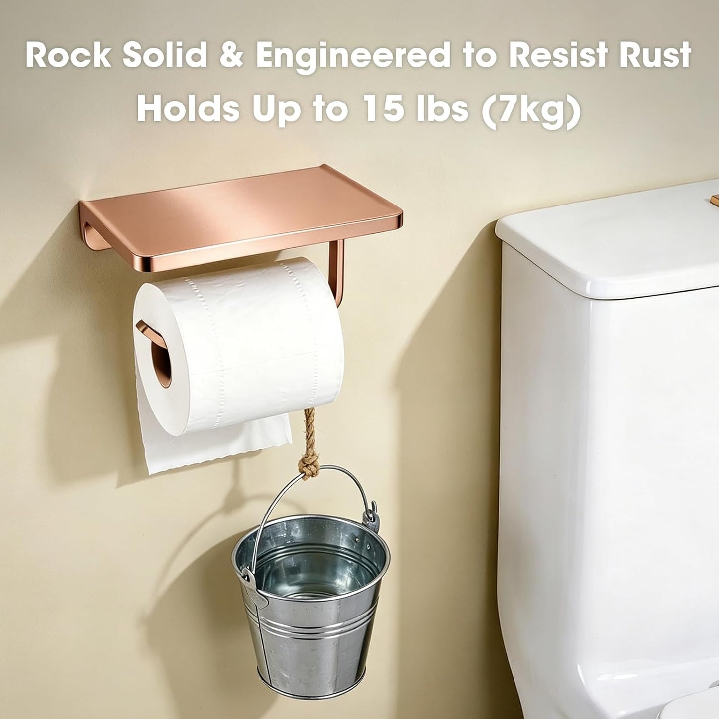 TRUSTMI Toilet Paper Holder with Phone Shelf, Zinc Alloy, Brushed Gold | Solid zinc alloy holder holds 15 lbs and fits jumbo rolls. Shelf stores phones and wipes for easy bathroom organization