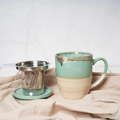 Bosmarlin Ceramic Tea Cup with Infuser and Lid, 16 Oz, Dishwasher and Microwave Safe, 5 Colors to Choose, Reactive Glaze, Steeping Tea Mug with Strainer (Green)