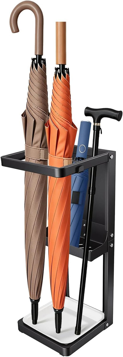 Umbrella Stand for Entryway, Sturdy Metal Umbrella Holder Indoor with Removable Drip Tray, Small Umbrella Rack for Long and Compact Umbrellas, Black Umbrella Storage Stand for Home Office