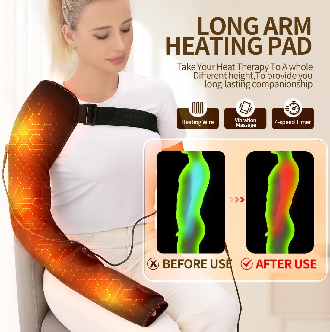 Shoulder Arm Hand Heating Pad for Pain Relief, Ultra Long Heated Wrist Wrap Heated Elbow Brace Hand Warmer for Tendonitis, Arthritis, Sports Injury Recovery, 3 Temperature Settings & Timer
