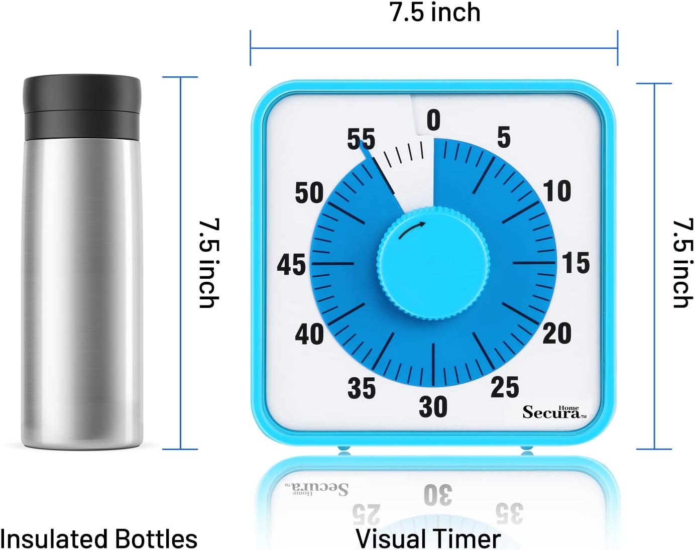 Secura Home 60-Minute Visual Timer, 7.5 Inch Oversize Countdown Timer Clock for Kids and Adults, Durable Mechanical Time Management Tool with Magnetic Backing （Sky Blue）