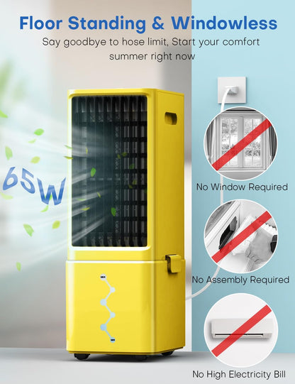 Portable Air Conditioners 4 Modes&3 Speeds,4 Ice Packs, Waterless Alert System, 12H Timer, Remote,1 Gal Detachable Water Tank, 70°Oscillation Windowless Evaporative Air Cooler for Room Office