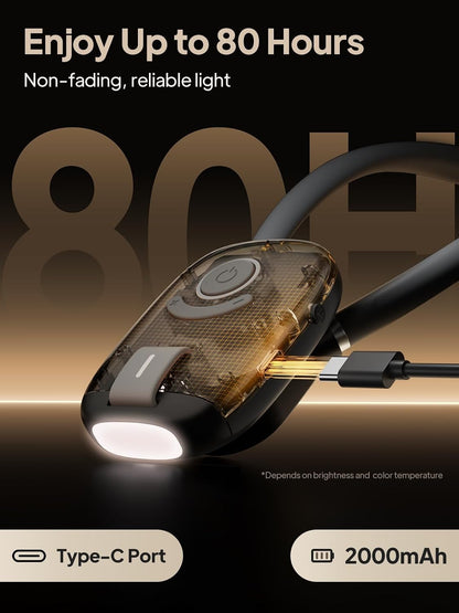 Neck Reading Light - Flexible Neck Book Light in Bed 3 Colors Hands free | Flexible Silicone Neck Holder, Stepless Dimming, 10 Brightness, 1H Timer, 80H Rechargeable, 2000mAh, USB-C, Eye Care