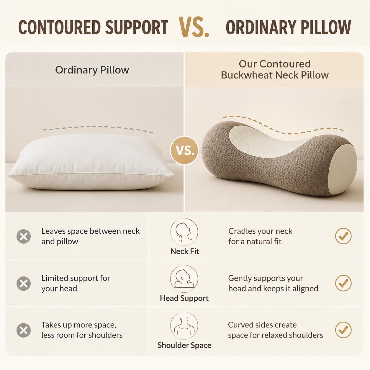 Buckwheat Neck Roll Pillow, Adjustable Cervical Pillow for Neck Pain Relief | natural hull fill, customizable loft, firm support, side and back sleepers, washable cover, lower back use