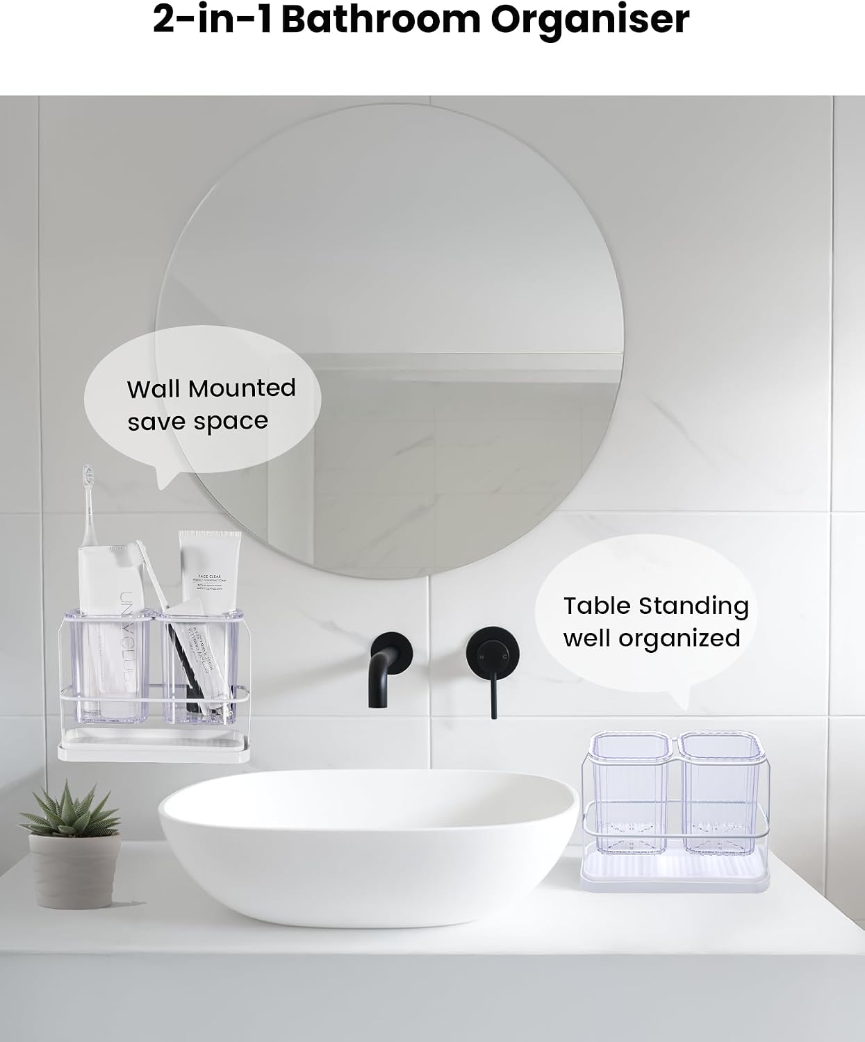 Clear Toothbrush Holders for Bathroom, 2 Cups Wall Mounted, Dry & Wet Separation, Organizers and Storage Set for Family Kids