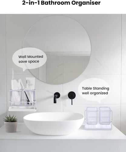 Clear Toothbrush Holders for Bathroom, 2 Cups Wall Mounted, Dry & Wet Separation, Organizers and Storage Set for Family Kids