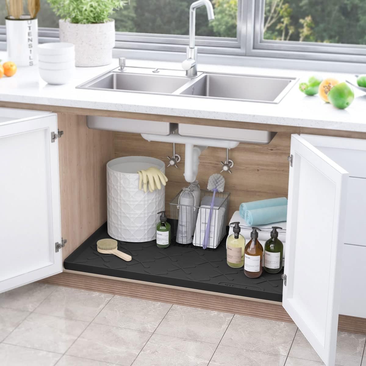 Waterproof Under Sink Mat 34" x 22", Silicone Mat Kitchen liner | BPA-Free Silicone Tray with Raised Lip Protect Cabinets from Leaks, Versatile Home Organizer for Bathroom, Pets, Boots, Floor