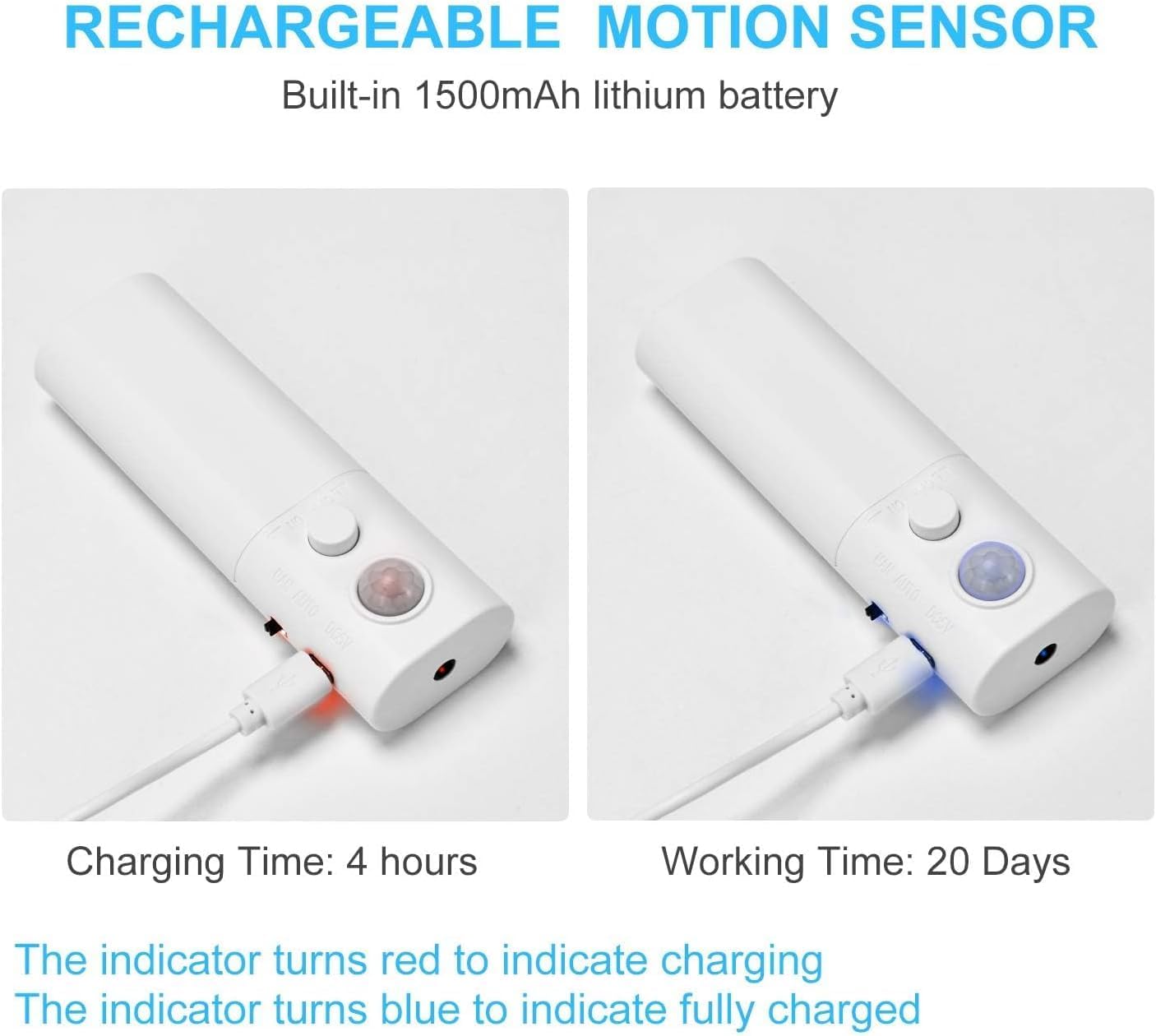 Rechargeable Motion Sensor LED Strip for Cabinet (2Pack-6.6FT, Cool White) | Motion Activated, 1500mAh Battery, Cuttable, Auto On/Off, Self-Adhesive, for Kitchen, Stairwell, Hallway, Garage, Basement
