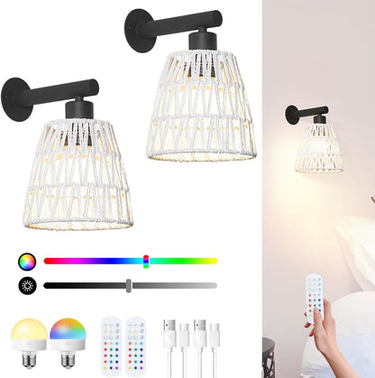Boho Battery Operated Wall Sconces, Rattan Wall Sconce Set of 2 with Remote, RGB 15 Colors Dimmable Rechargeable Wall Light, Black Indoor Wireless Wall Lamp, Farmhouse Rattan Wall Lighting for Bedroom