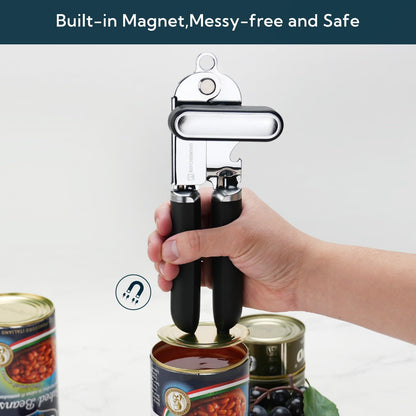KITCHENDAO Manual Can Opener, Super Sharp Sandvik 12C27 Blade, Handheld Can Opener with Magnet, Smooth Edge Cut, Soft Grip, Oversized Knob for Seniors & Arthritis, Easy to Use, Black