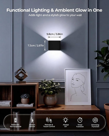 Motion Sensor Wall Lights with Remote, 5000mAh Rechargeable Battery Operated Wall Sconces, Wireless Indoor Up Down Lights, 12 RGB Colors, Warm Orange & Cool White for Hallway Stairs Bedroom, 2 Pack