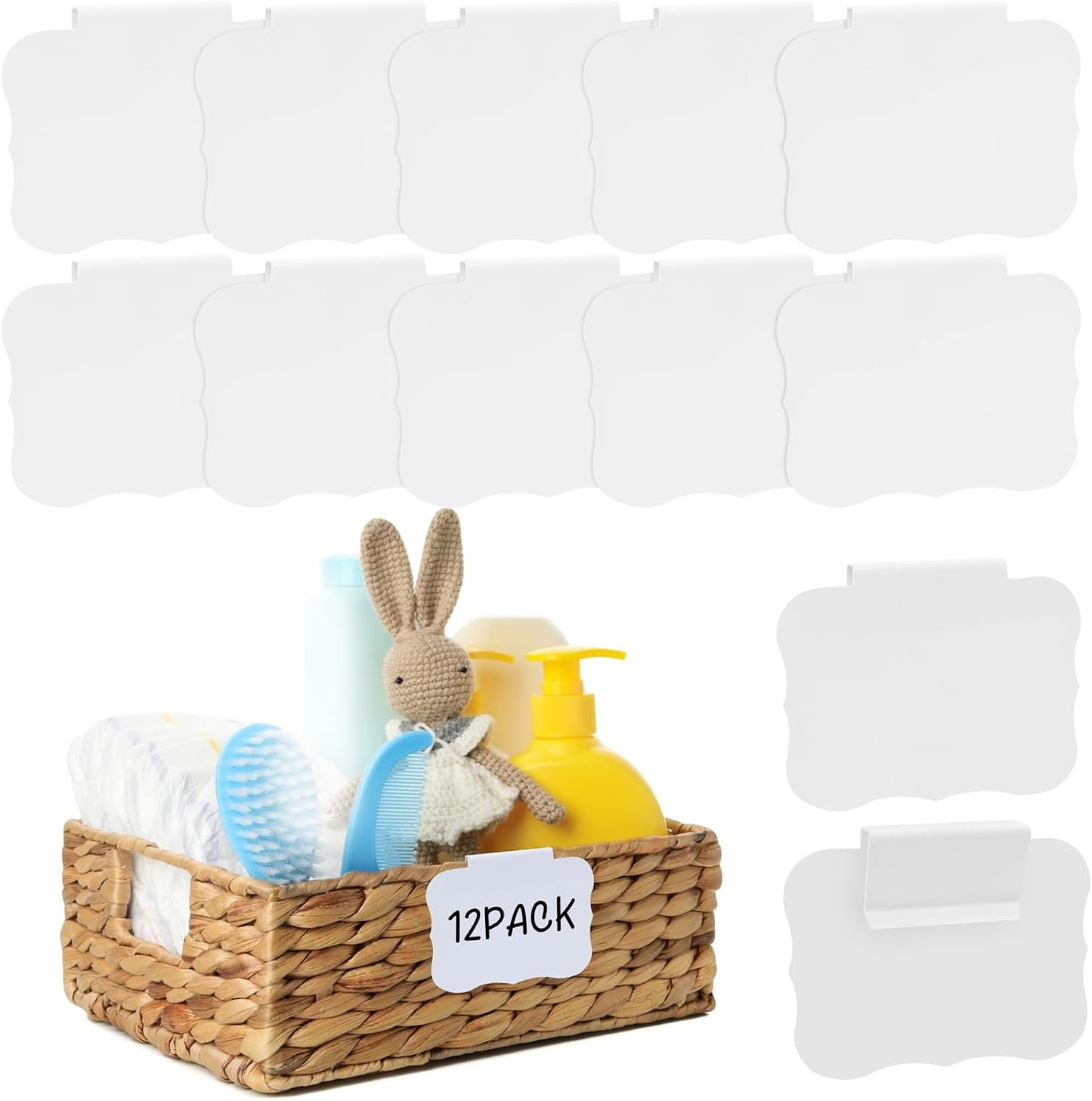 12pcs White Basket Labels Removable PVC Labels | Clip On for Storage Bins, Removable PVC Labels for Baskets with Holders, 3.5x2.7 Inches