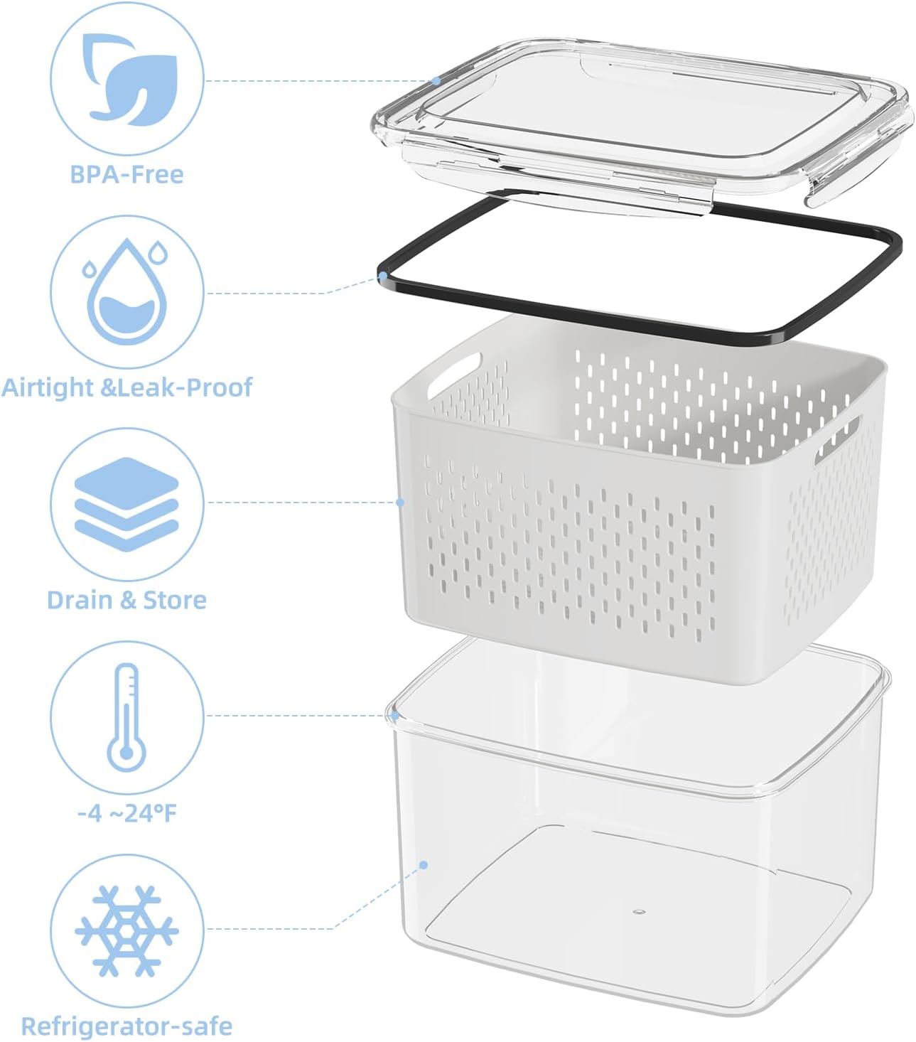 Fruit Storage Container for Fridge with Removable Colander, 6 Pack | Leakproof Produce Containers for Fridge, Airtight Food Storage Container, Keep Fruit, Veggies, Berry, Salad Fresh Longer