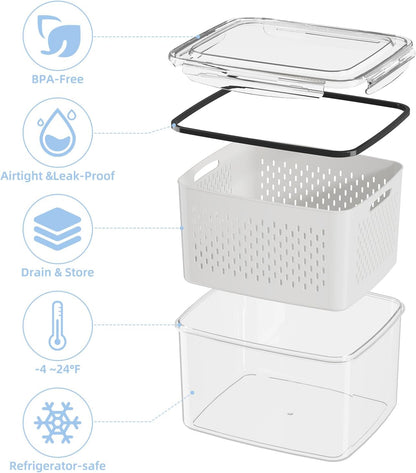 Fruit Storage Container for Fridge with Removable Colander, 6 Pack | Leakproof Produce Containers for Fridge, Airtight Food Storage Container, Keep Fruit, Veggies, Berry, Salad Fresh Longer
