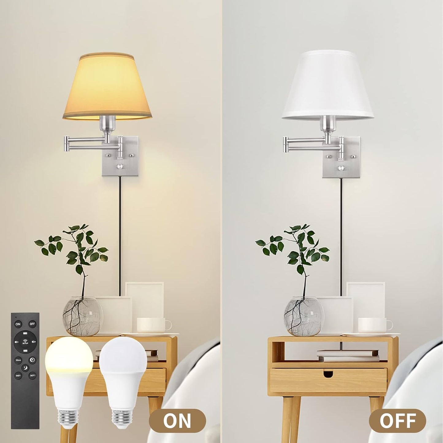 TRLIFE Wall Sconce Plug in, Dimmable Wall Sconces Set of Two Swing Arm Wall Lights with Plug in Cord and On/Off Dimmer Rotary Switch, 9.4" Medium Beige Fabric Shade(2 Pack, 2 Bulbs)