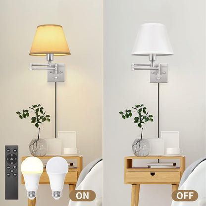 TRLIFE Wall Sconce Plug in, Dimmable Wall Sconces Set of Two Swing Arm Wall Lights with Plug in Cord and On/Off Dimmer Rotary Switch, 9.4" Medium Beige Fabric Shade(2 Pack, 2 Bulbs)