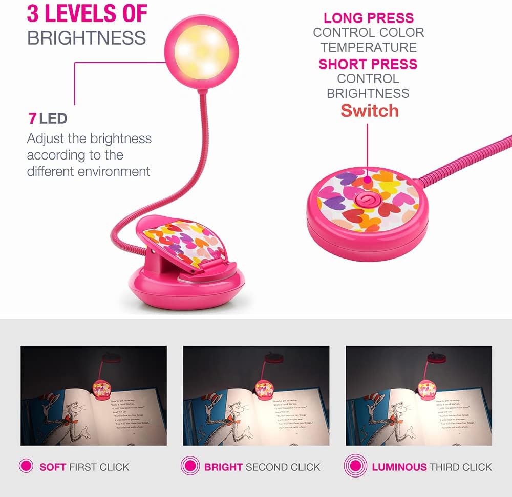 Vekkia Cute Rechargeable Book Light Eye-Care Clip on Lights (Rose Red)