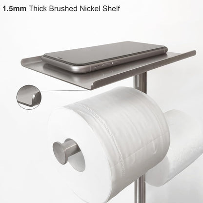 GZILA Toilet Paper Holder Stand with Shelf, Marble Base Heavy Free Standing Toilet Paper Double Roll Holders SUS304 Stainless Steel Brushed Nickel, Storages 4 Reserve Rolls Dispenser