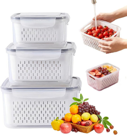 4-in-1 Large Fruit Storage Container with Removable Colander, Leakproof Produce Keeper for Fridge, BPA-Free & Microwave Safe Food Organizer (Grey, S+M+L)