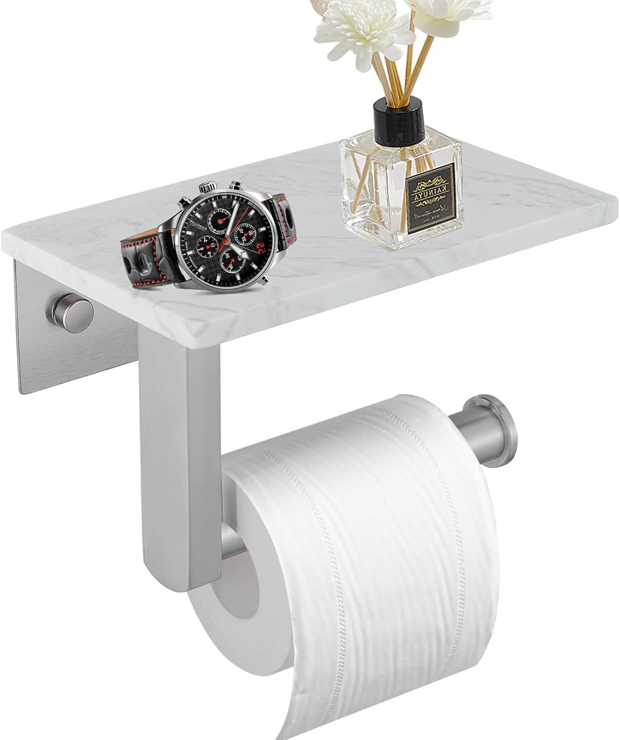 BWE Brushed Gold Toilet Paper Holder with Marble Shelf Wall Mounted | Toilet Paper Roll Holder with Phone Shelf 304 Stainless Steel Tissue Holder for Bathroom Washroom,Saving Space