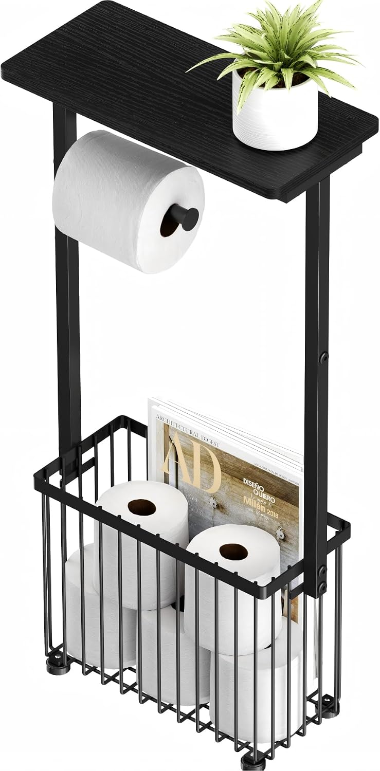 Freestanding Toilet Paper Holder with Storage Shelf | Bathroom Tissue Stand with Space for Phone, Tablet, and Magazines – All-in-One Toilet Roll Dispenser and Organizer