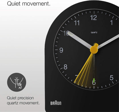 Braun Classic Analogue Alarm Clock with Snooze and Continuous Backlight, Quiet Quartz Movement, Crescendo Beep Alarm in White, Model BC22W.