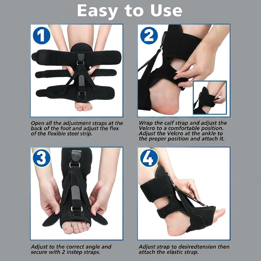 Plantar Fasciitis Night Splint, Adjustable Foot Drop Brace for Achilles Tendon Support, Sleeping Stretch Boot for Heel Pain Relief, Soft Day Night Ankle Support for Men Women (1PC-Black)