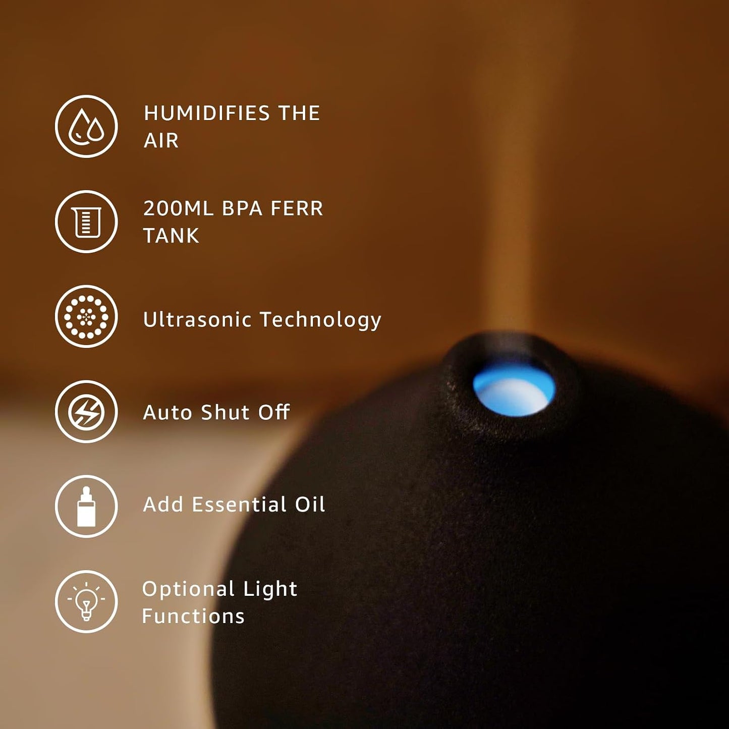 Gooamp 200ML Ceramic Essential Oil Diffuser for Home - Ultrasonic Aromatherapy Diffuser Humidifier with 7 Color LED Lights, Auto Shut-Off, 3 Timers for Bedroom, Office, Yoga, Black