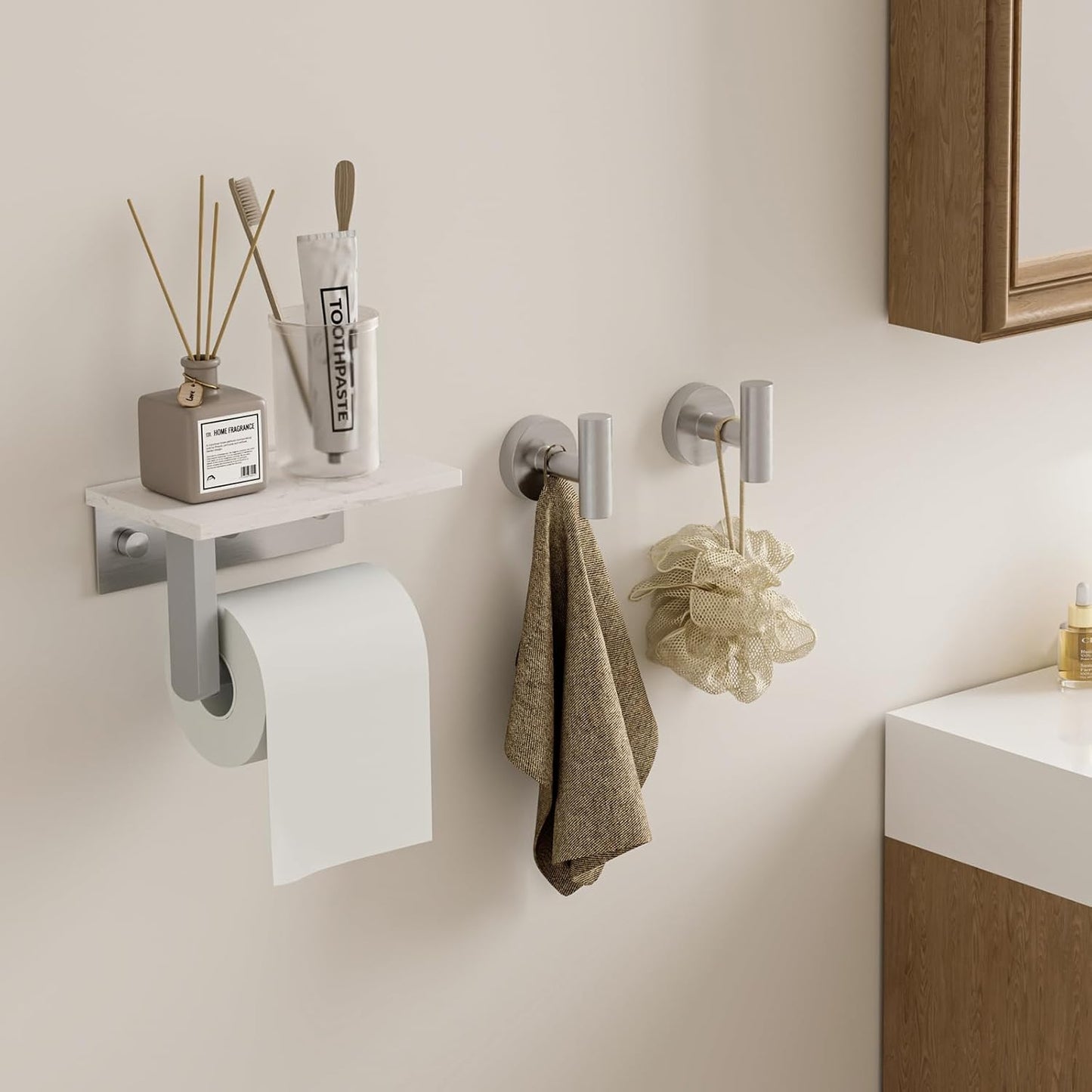 BWE Brushed Gold Toilet Paper Holder with Marble Shelf Wall Mounted | Toilet Paper Roll Holder with Phone Shelf 304 Stainless Steel Tissue Holder for Bathroom Washroom,Saving Space